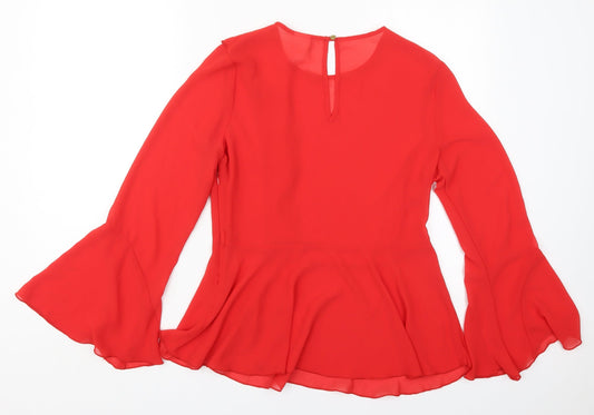 Preworn Womens Red Polyester Basic Blouse Size 14 Round Neck