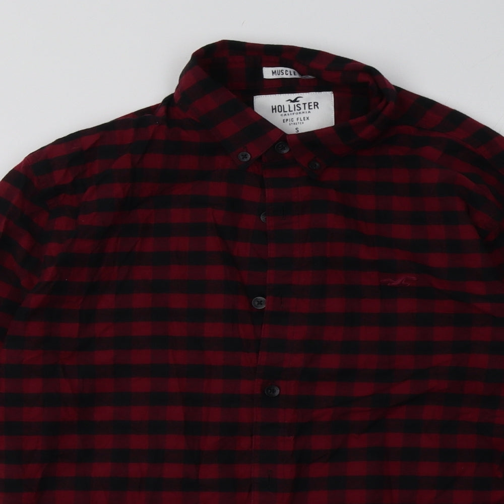Hollister Mens Red Check Cotton Polo Size S Collared Button - muscle fit