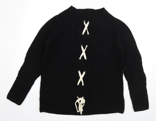 Papaya Womens Black Crew Neck Acrylic Pullover Jumper Size S - Lace up detail