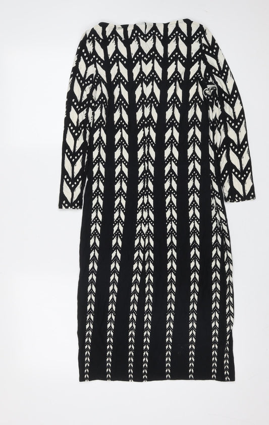 Preworn Womens Black Geometric Viscose Shift Size 8 Round Neck