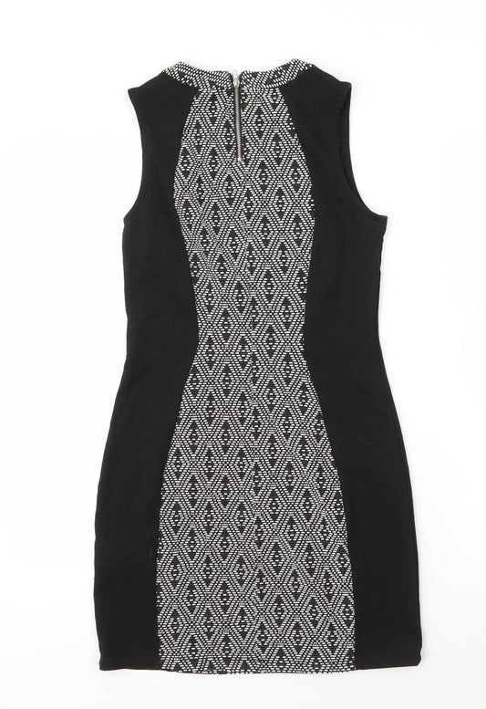 H&M Womens Black Argyle/Diamond Cotton Sheath Size 6 Round Neck Zip