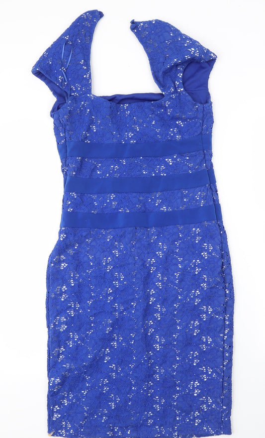 Gina Bacconi Womens Blue Floral Cotton Sheath Size 10 Square Neck Button
