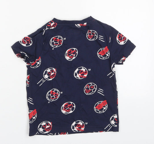 Primark Boys Blue Cotton Basic T-Shirt Size 4-5 Years Crew Neck Pullover - Footballs