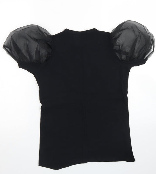 Quiz Womens Black Cotton Basic T-Shirt Size 8 Crew Neck - Puff Sleeve