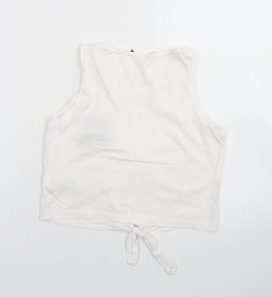 915 Generation Girls White Cotton Cropped Tank Size 9 Years Round Neck - Flamingo, Tie front