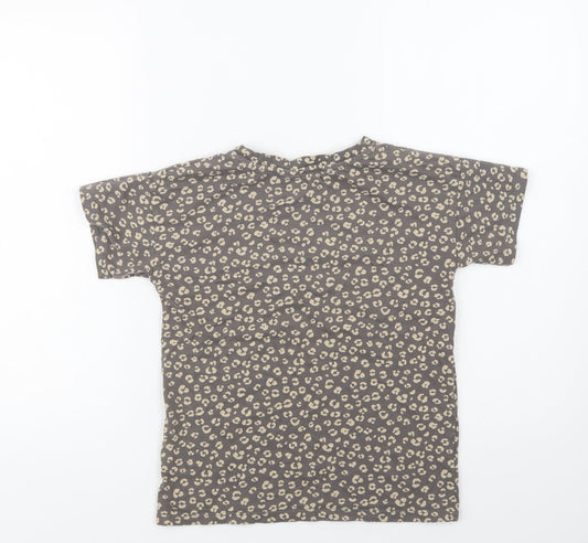 H&M Girls Brown Animal Print Cotton Basic T-Shirt Size 7-8 Years Crew Neck - Cool