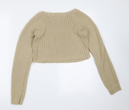 PRETTYLITTLETHING Womens Beige Round Neck Striped Acrylic Pullover Jumper Size M - cropped