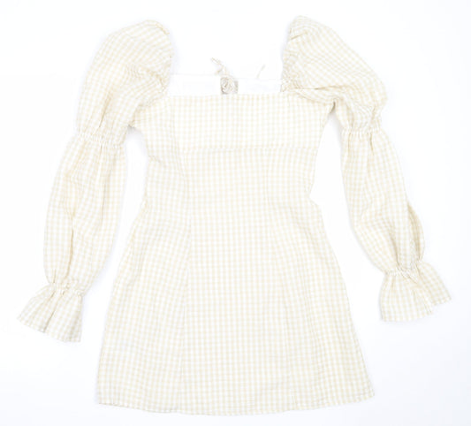 H&M Womens Beige Check Polyester Shift Size 38 Square Neck