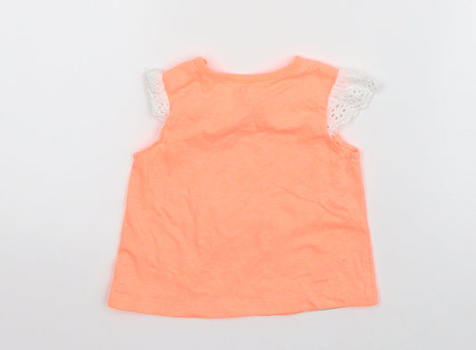 Nutmeg Girls Orange Cotton Basic T-Shirt Size 3-6 Months Round Neck Pullover - Parrot