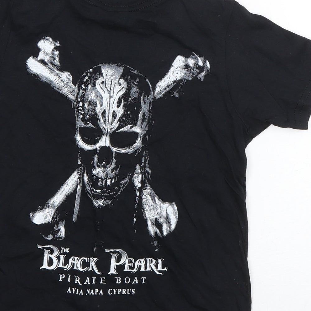 Gildan Girls Black Cotton Basic T-Shirt Size XS Round Neck Pullover - Black Pearl Pirate Boat