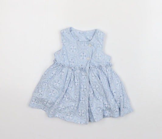 Matalan Girls Blue Geometric Cotton Tank Dress Size 3-6 Months Round Neck Button