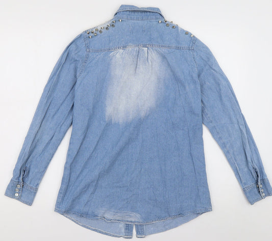 jovonista Womens Blue Cotton Basic Button-Up Size 8 Collared