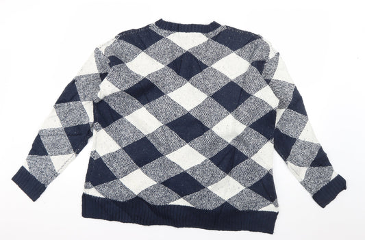 Marks and Spencer Womens Blue Crew Neck Check Acrylic Pullover Jumper Size L