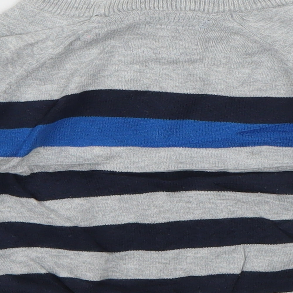 Brand and care label for Rebel boys’ blue striped cotton jumper, size 9-12, months button