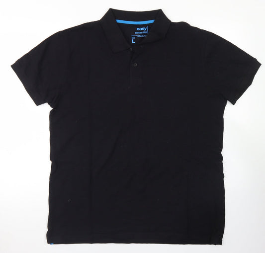 Easy Mens Black Cotton Polo Size L Collared Button