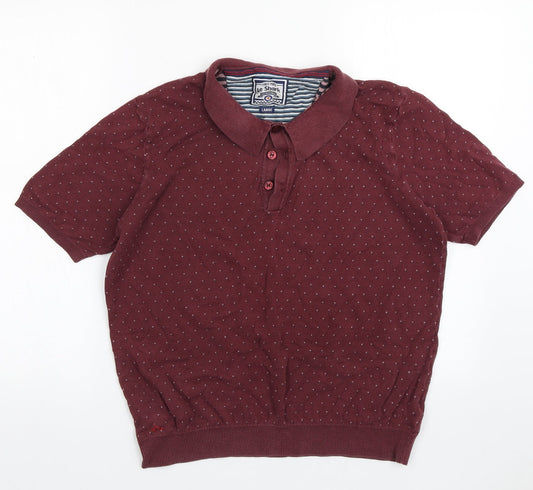 le shark Mens Red Geometric Cotton Polo Size L Collared Button