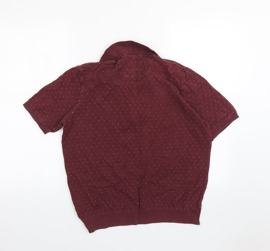 le shark Mens Red Geometric Cotton Polo Size L Collared Button