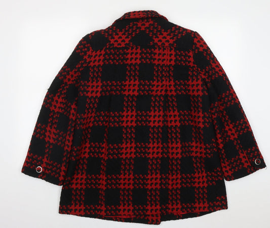 Monaco Womens Red Check Pea Coat Coat Size 14 Button