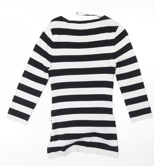 Gallery Womens White Crew Neck Striped Viscose Pullover Jumper Size S - Tie Front