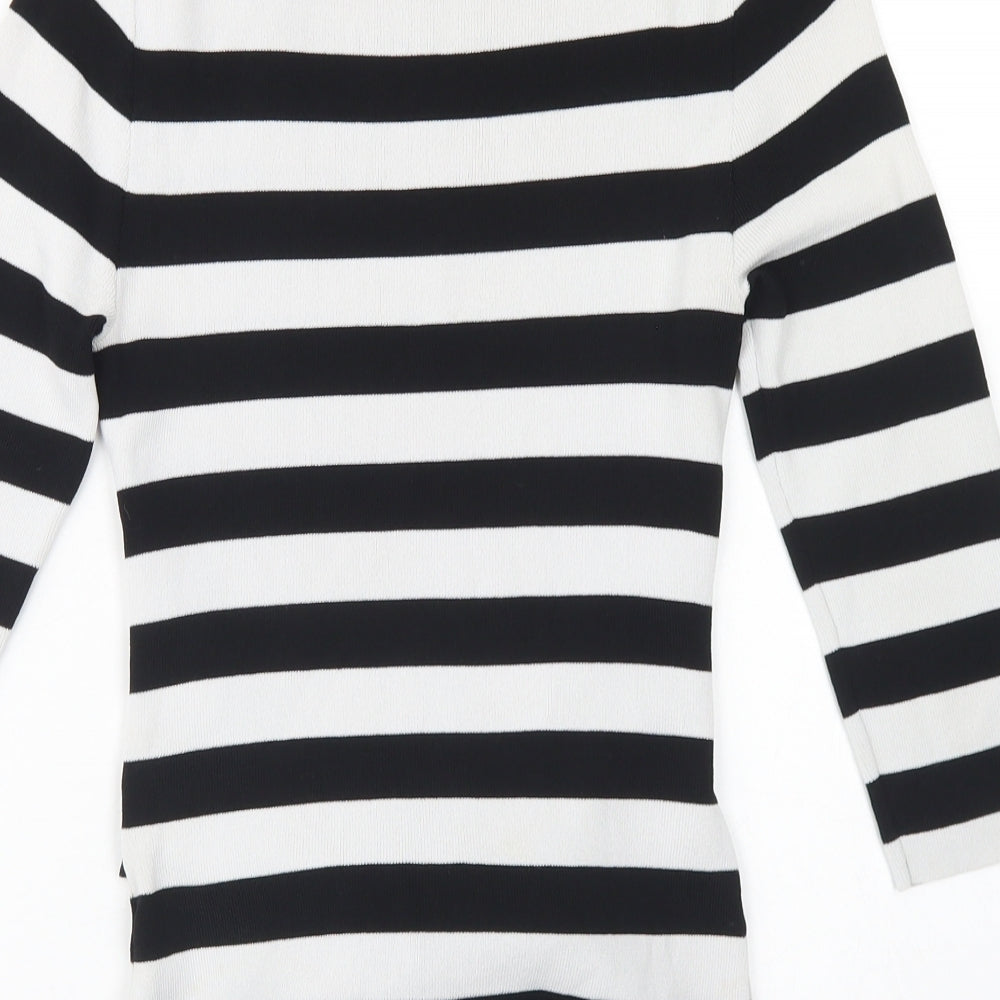 Gallery Womens White Crew Neck Striped Viscose Pullover Jumper Size S - Tie Front