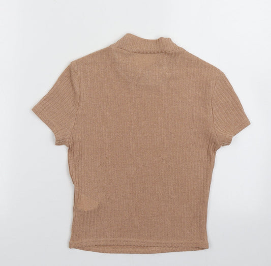 hsien Womens Brown Polyester Cropped T-Shirt Size S Crew Neck