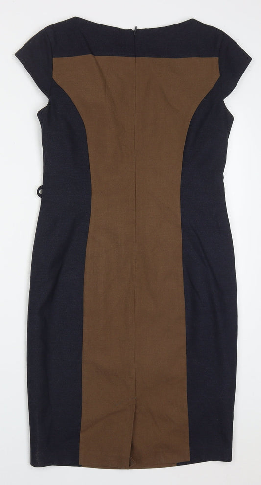 NEXT Womens Brown Colourblock Polyester Pencil Dress Size 10 Off the Shoulder Zip