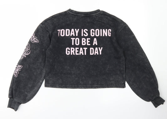 Primark Girls Black Cotton Pullover Sweatshirt Size 10 Years - Cropped, Puff sleeve
