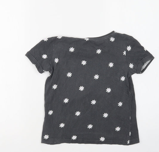 Primark Girls Grey Floral Cotton Basic Polo Size 9-10 Years Crew Neck - Happy