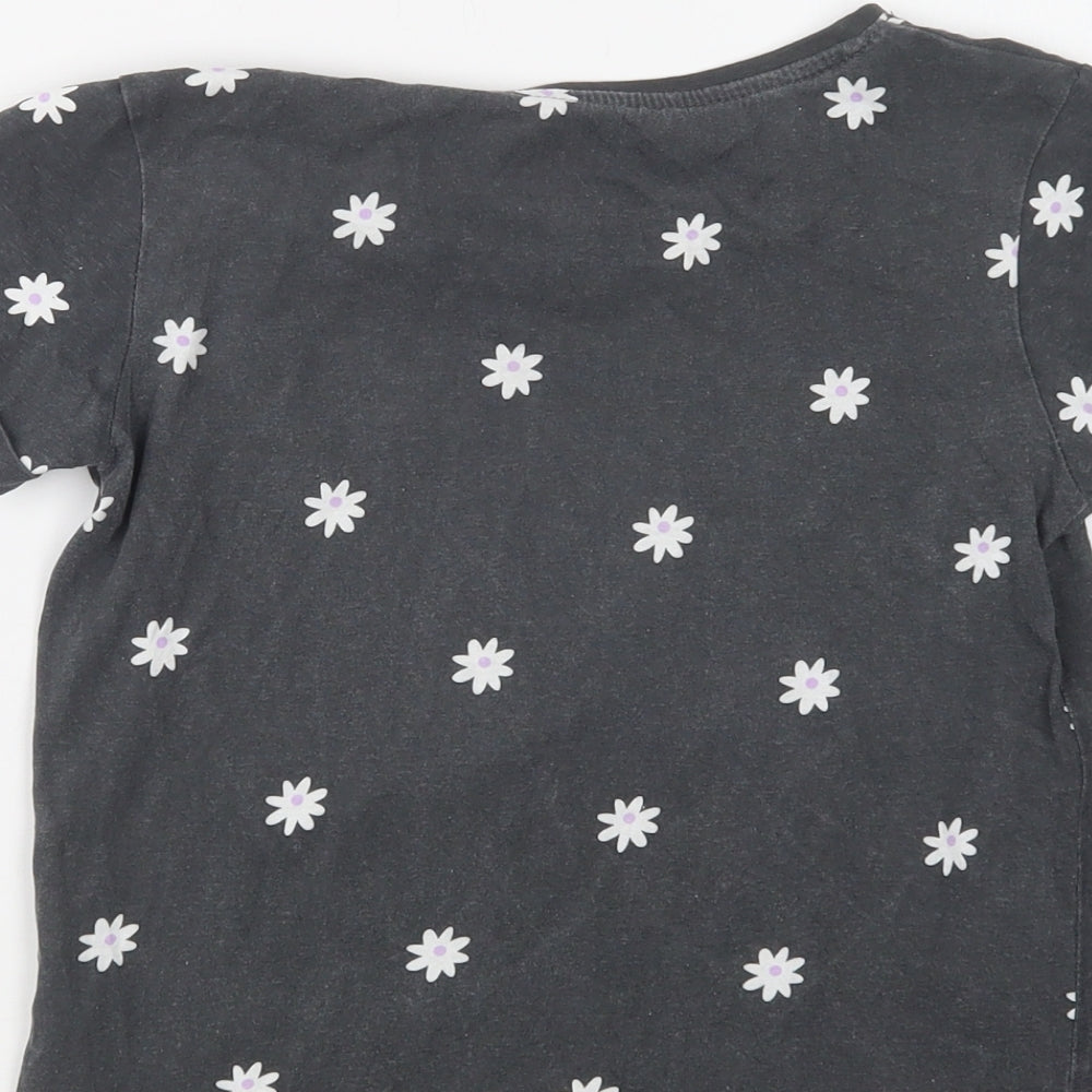 Primark Girls Grey Floral Cotton Basic Polo Size 9-10 Years Crew Neck - Happy