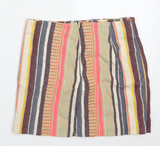 H&M Womens Multicoloured Striped Cotton Mini Skirt Size 8 Zip