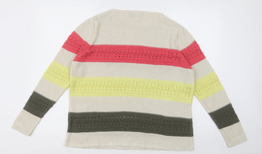 divas Womens Beige Crew Neck Striped Acrylic Pullover Jumper Size L