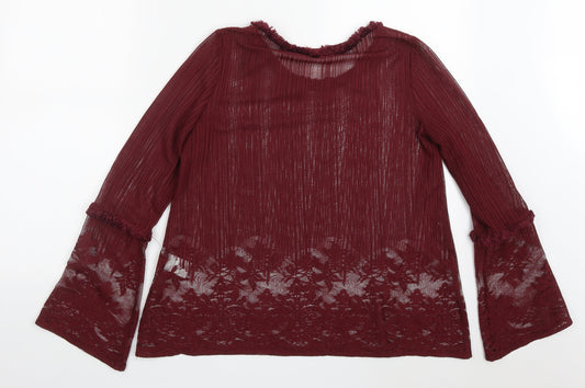 Preworn Womens Red Polyester Basic Blouse Size 8 Round Neck