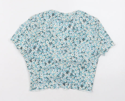 hsein Girls Blue Floral Polyester Cropped T-Shirt Size 14 Years V-Neck Pullover