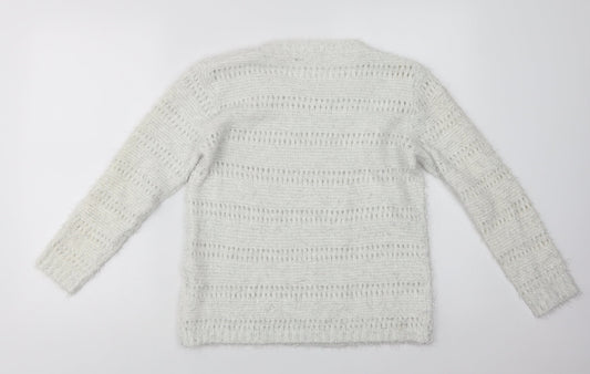 Quiz Womens White Crew Neck Striped Polyester Pullover Jumper Size M