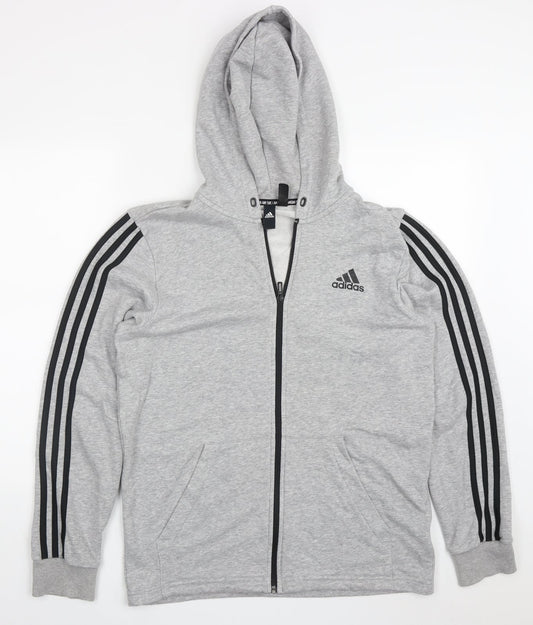 adidas Mens Grey Striped Cotton Full Zip Hoodie Size M