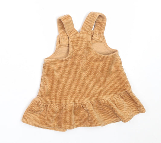 NEXT Girls Beige Cotton Pinafore/Dungaree Dress Size 3-6 Months Square Neck