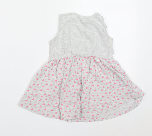 Young Dimension Girls Grey Geometric Cotton Skater Dress Size 2-3 Years Round Neck Pullover - Rabbit Hearts