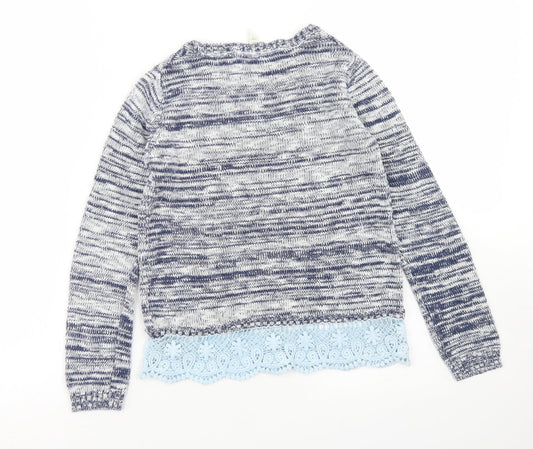 YD Girls Blue Crew Neck Striped Acrylic Pullover Jumper Size 8-9 Years Snap - Lace Trim