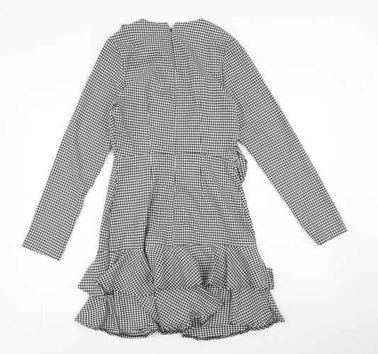 Very Womens White Houndstooth Polyester Fit & Flare Size 8 Round Neck Zip - Ruffle Detail