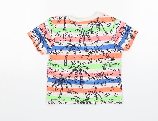 F&F Boys Multicoloured Striped Cotton Basic T-Shirt Size 12-18 Months Round Neck - Dinosaurs