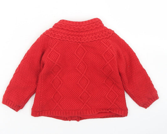 TU Girls Red Cotton Cardigan Jumper Size 6-9 Months Button - Fleece Lining