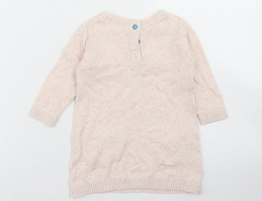 M&Co Girls Beige Fair Isle Cotton Jumper Dress Size 3-6 Months Crew Neck Button