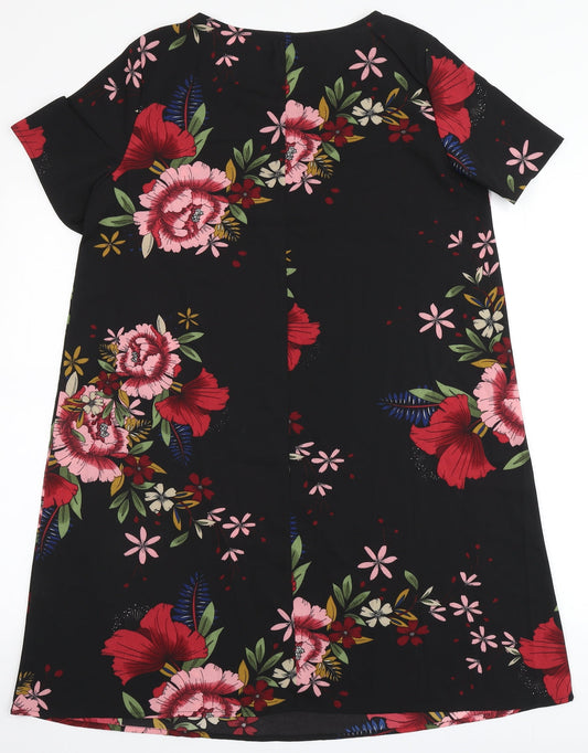 SheIn Womens Black Floral Polyester A-Line Size M Round Neck