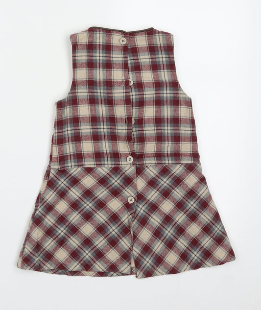 Dunnes Stores Girls Red Check Cotton A-Line Size 2-3 Years Crew Neck Button