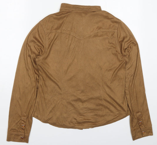 Roomates Womens Brown Polyester Basic Button-Up Size L Collared