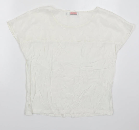 Coster Womens White Viscose Basic Blouse Size 8 Round Neck - Leaf Pattern
