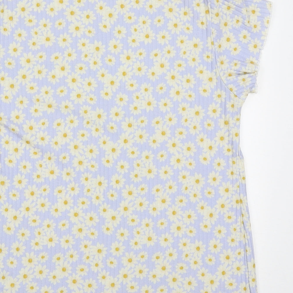 New Look Womens Blue Floral Polyester Basic T-Shirt Size 14 High Neck
