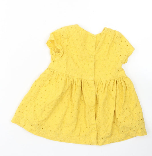 Vertbaudet Girls Yellow Cotton Skater Dress Size 9-12 Months Crew Neck Snap