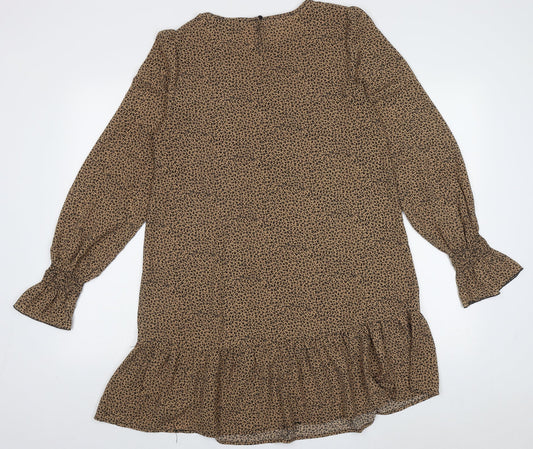AX Paris Womens Brown Animal Print Polyester A-Line Size 10 Crew Neck Button