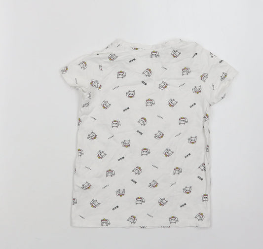 RESERVED Girls White Geometric Cotton Basic T-Shirt Size 6-7 Years Crew Neck - Lucky Cat